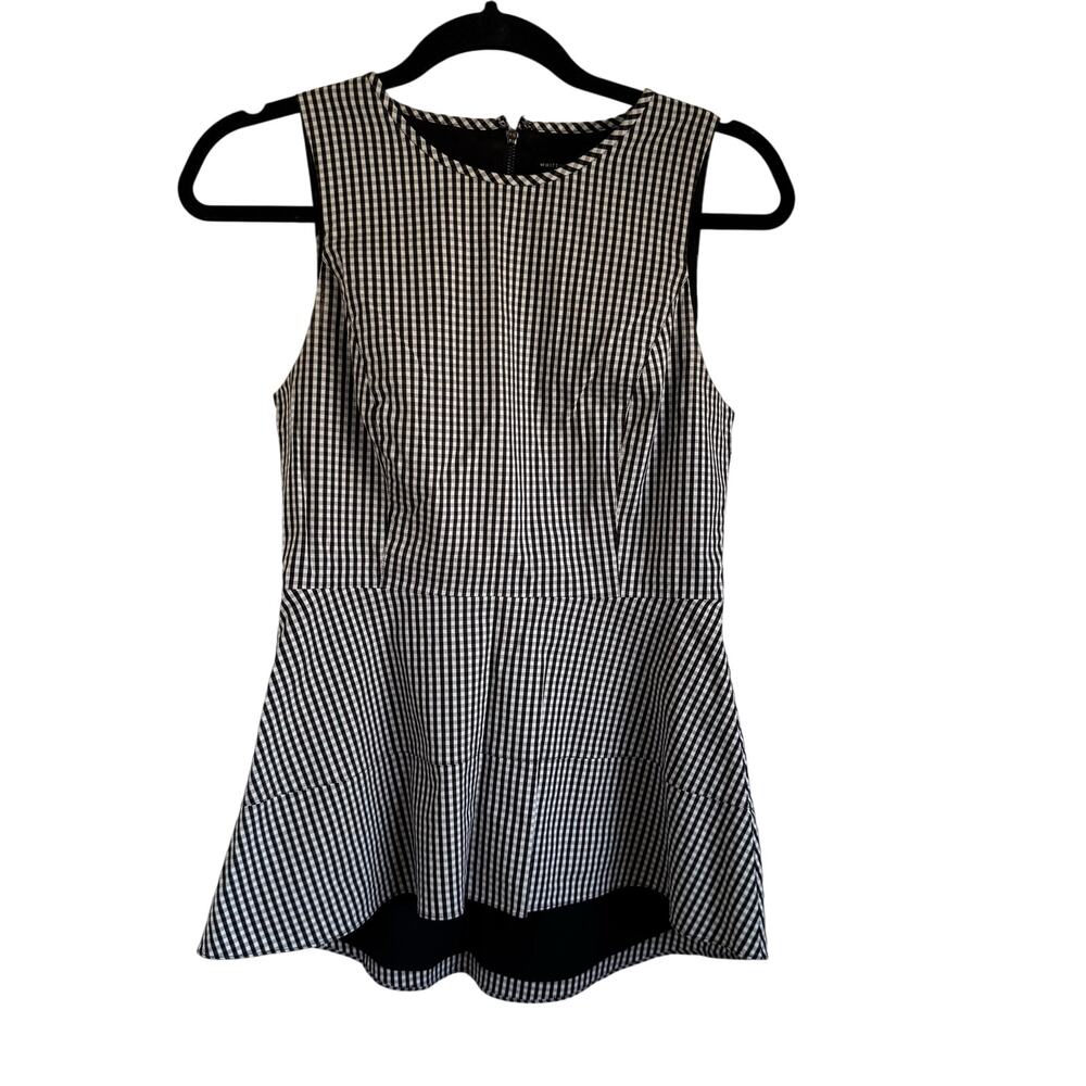 White House Black Market Gingham Check Sleeveless Peplum Blouse Size 2 Womens